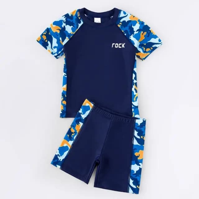 【橘魔法】大童 恐龍迷彩印運動插肩泳衣+泳褲(二件式 游泳課 學生泳衣 中性款 游泳 夏日 男童 兒童 童裝)