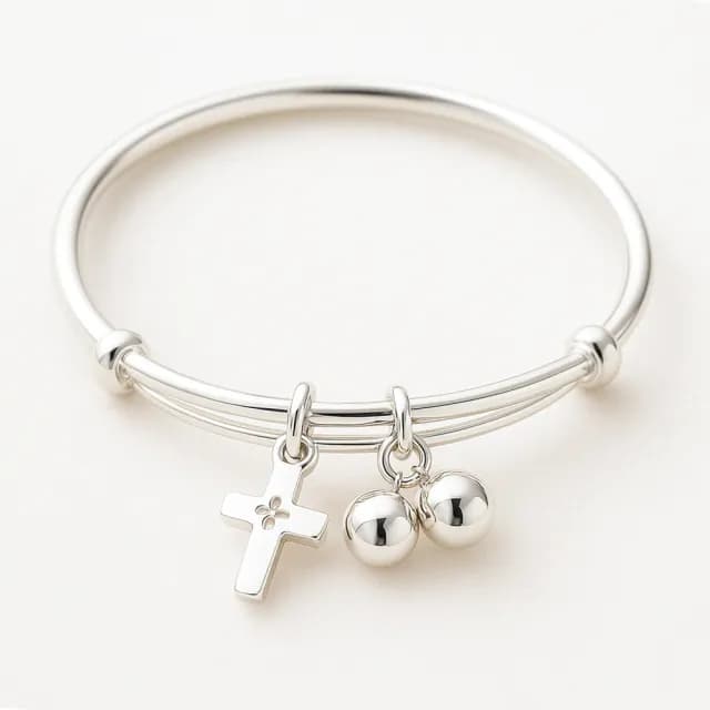 【珠兒綠】999純銀幸福十字架搖鈴純銀手鐲-兒童尺寸 開運(純銀手環 手鍊 彌月禮物 附禮盒禮袋 開運)
