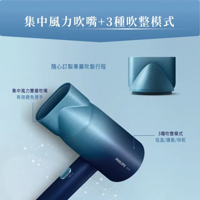 【Philips 飛利浦】官方直營 水潤護色負離子吹風機-極光星空藍(BHD399/61)