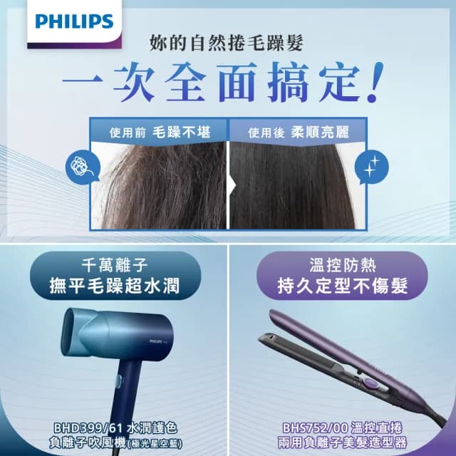 【Philips 飛利浦】官方直營 水潤護色負離子吹風機-極光星空藍(BHD399/61)