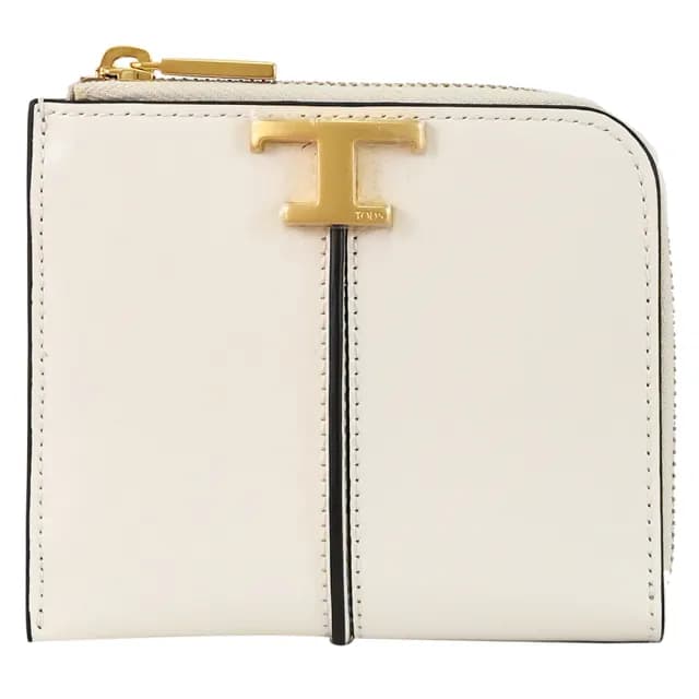 【TOD’S】TODS T Timeless 金屬T LOGO小牛皮L型拉鍊鈔票零錢包(白)