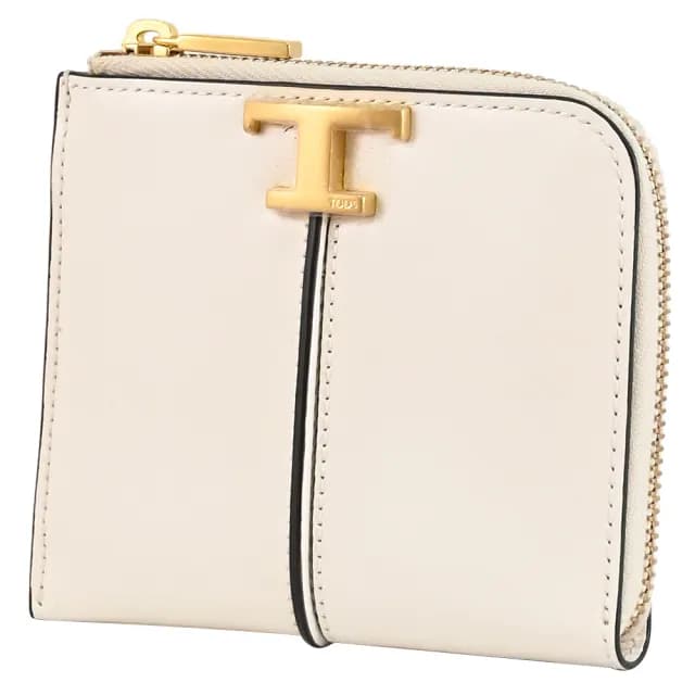 【TOD’S】TODS T Timeless 金屬T LOGO小牛皮L型拉鍊鈔票零錢包(白)