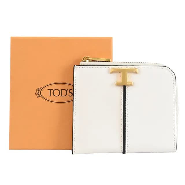 【TOD’S】TODS T Timeless 金屬T LOGO小牛皮L型拉鍊鈔票零錢包(白)