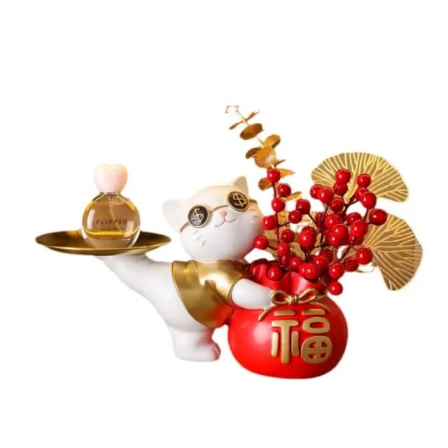 【由米】招財貓 招財擺飾 玄關收納 喬遷禮品 置物架(35*31 樹脂材質 不鏽鋼托盤 收納)