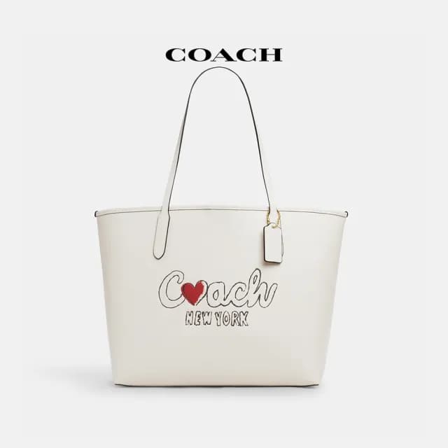 【COACH】蔻馳官方直營 CITY托特包 托特手袋COACH文字圖案-IM/粉筆白色 混合色(CBS70)