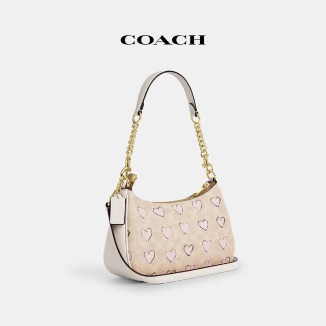 【COACH】蔻馳官方直營 TERI經典Logo愛心印花單肩手袋 單肩包 肩背包-IM/沙黃色 混合色(CBS73)
