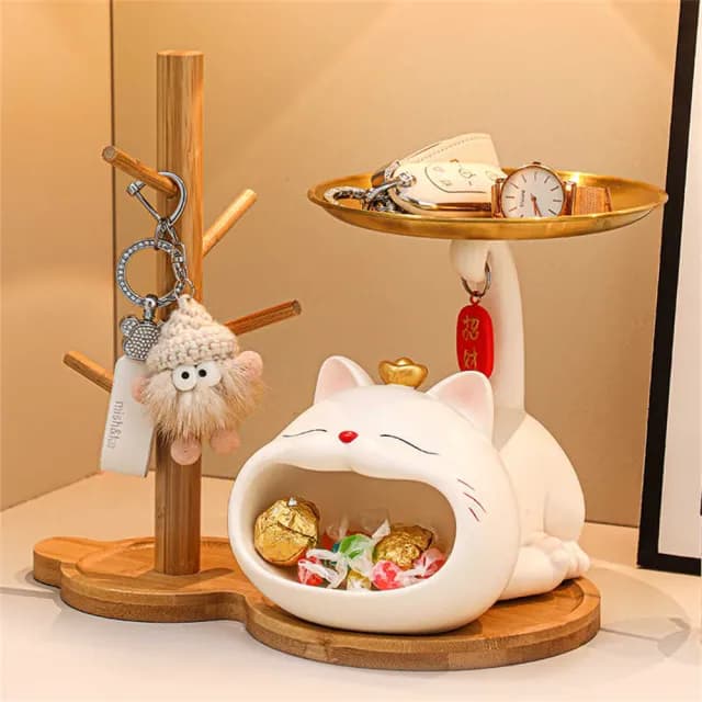 【超微米】招財貓擺件 玄關鑰匙收納 入戶鞋櫃客廳桌面置物架 家居裝飾 喬遷禮品(招財貓收納擺件)
