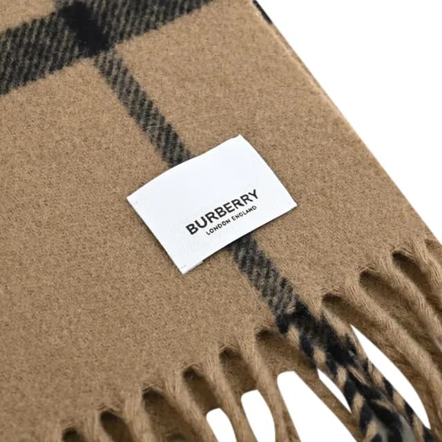 【BURBERRY 巴寶莉】英系經典撞色格紋純羊毛流蘇披肩長圍巾(咖)