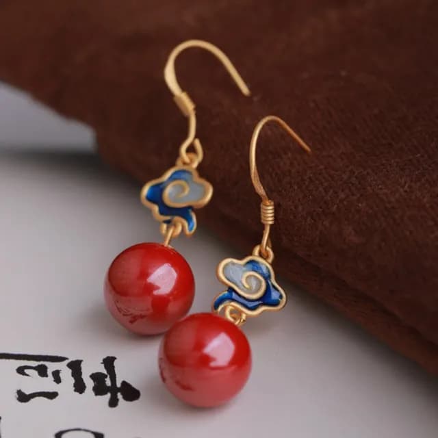 【MoonDy】飾品 耳環 女生耳環 朱砂耳環 純銀耳還 S925 宮廷風 新中式 蓮花耳環 大圓耳環 抗過敏 耳飾
