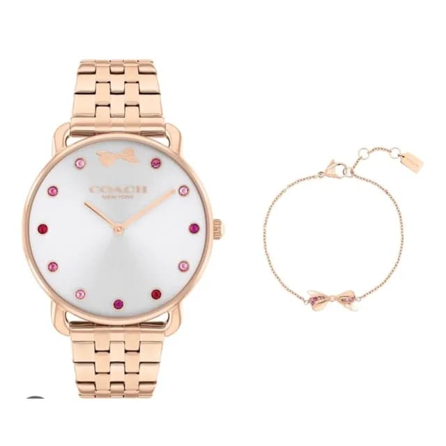 【COACH】時尚玫瑰金框玫瑰帶腕錶 玫瑰金蝴蝶結手鍊套組-36mm-贈高級9入首飾盒(CO14000127)
