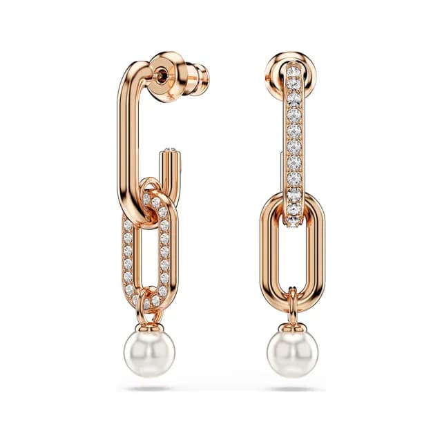 【SWAROVSKI 施華洛世奇】Constella 優雅珍珠水晶垂墜式耳環-玫瑰金(5728585)