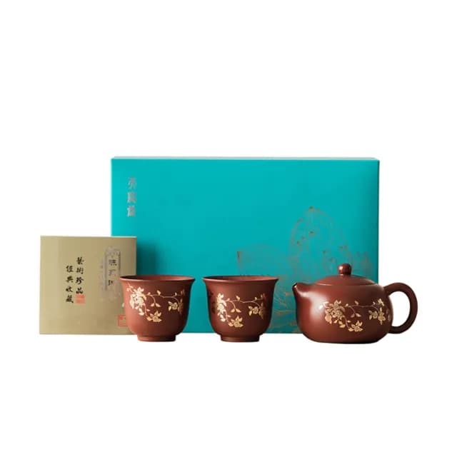 【waim life 暖暖生活】紫砂鎏金茶具套組 西施壺 一壺兩杯(紫砂茶具 禮盒 泡茶壺)