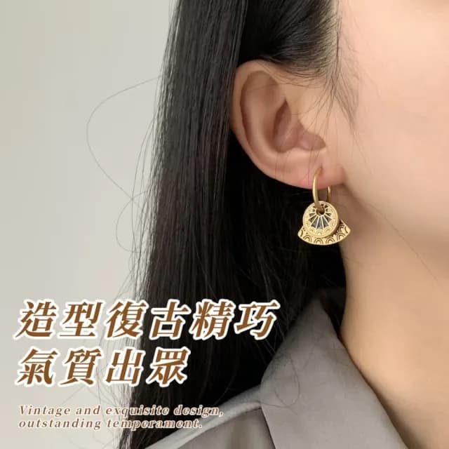 【氣質典雅】復古彩繪扇型耳環1對(耳墜 飾品 耳飾 耳針 耳釘 首飾 情人節 送禮物 中式 撞色)