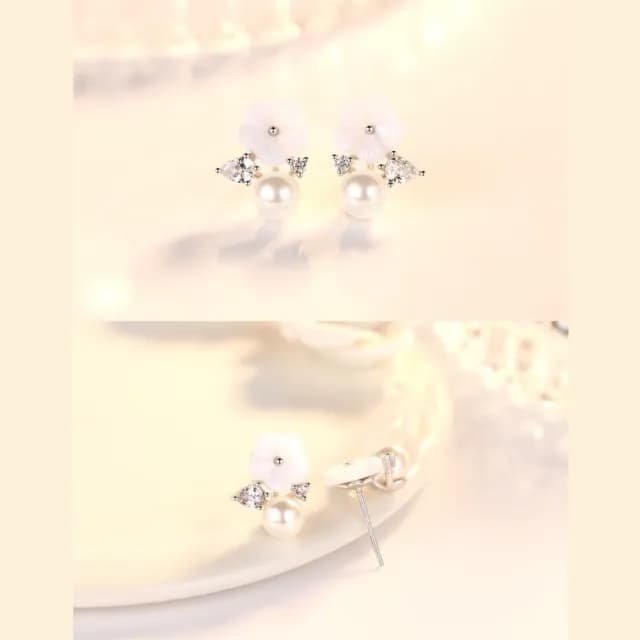 【森系甜美】韓系氣質梔子花鑽葉珍珠耳環(耳針 耳釘 耳飾 日常可 上班族)