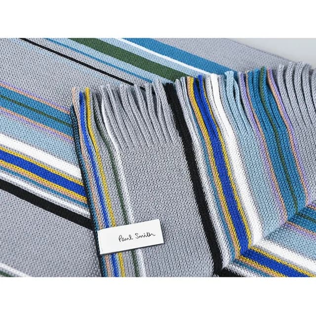 【Paul Smith】PAUL SMITH刺繡黑字LOGO純羊毛彩線條紋披肩/圍巾(男款/淺灰x多色)