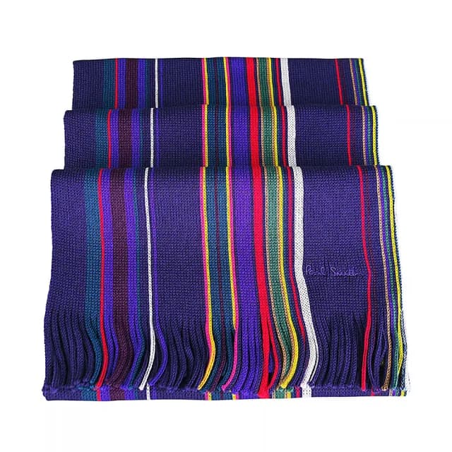 【Paul Smith】PAUL SMITH刺繡藍字LOGO純羊毛彩線條紋披肩/圍巾(男款/海軍藍x多色)