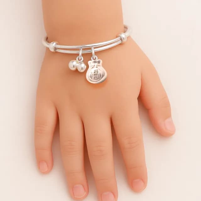 【珠兒綠】999純銀 福袋兒童搖鈴祝福手鐲  開運 純銀手鐲手環 兒童尺寸 彌月禮物(附高級禮盒禮袋)