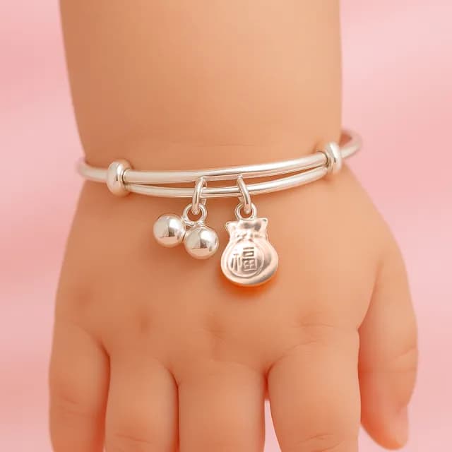【珠兒綠】999純銀 福袋嬰兒搖鈴手鐲 嬰兒手鐲(純銀手鐲手鍊 嬰兒尺寸 彌月禮物 寶寶手鐲 開運)