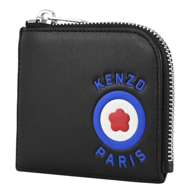 【KENZO】Boke Flower 品牌LOGO皮革L型拉鍊鈔票零錢包(黑)