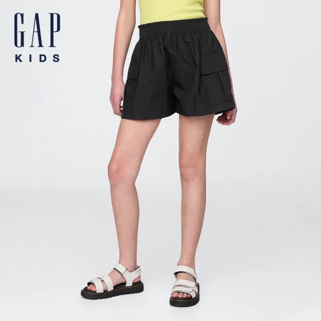 【GAP】女童裝 純棉鬆緊工裝短褲-黑色(771343)