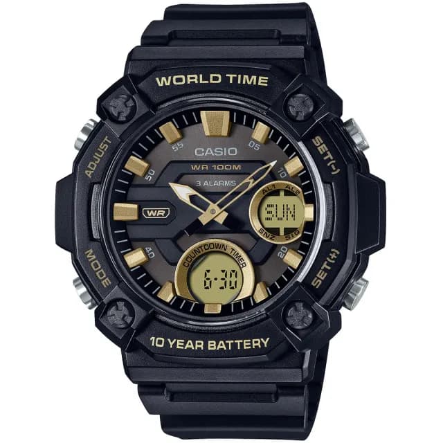 【CASIO 卡西歐】學生錶 10年電力 冒險精神 計時雙顯錶-黑x金 送禮 禮物 推薦(AEQ-120W-9AV)