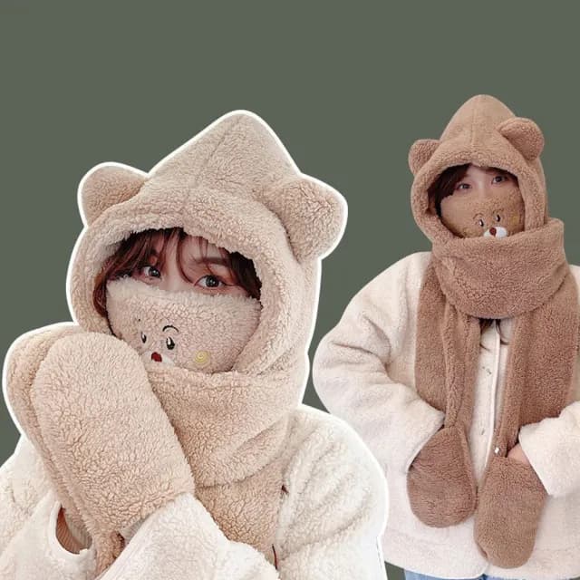 【匠心選品】小熊造型 四合一連帽圍巾手套口罩(羊羔絨 加厚防風帽 防風圍巾 保暖口罩 保暖手套 防寒圍巾)