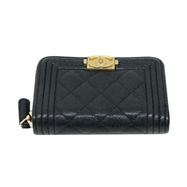 【CHANEL 香奈兒】A80602 經典BOY系列金釦菱格紋ㄇ字拉鍊零錢包/短夾(黑色)