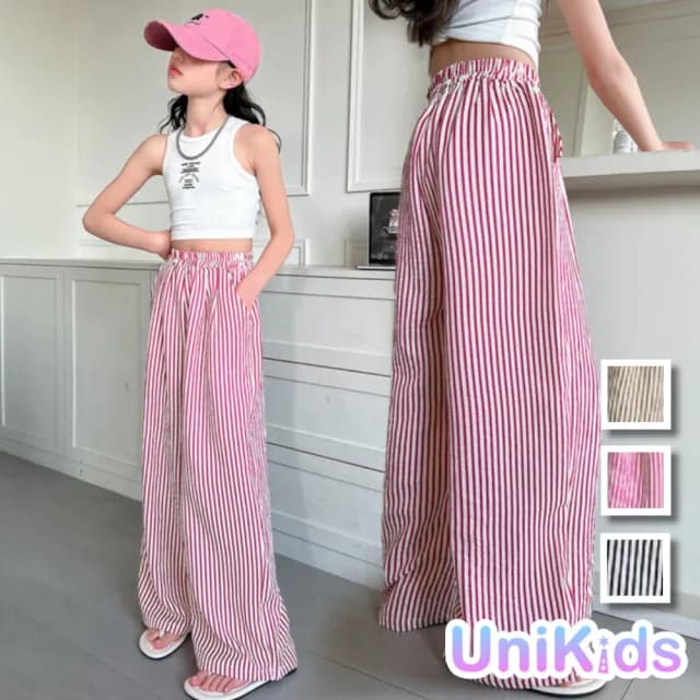 【UniKids】中大童裝豎條紋長褲 闊腿休閒長褲 女大童裝 CVXXM2507(黑 紅 黃)