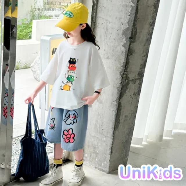 【UniKids】中大童裝短袖T恤 可愛疊疊貓咪上衣 女大童裝 CVXBM25161(T恤)