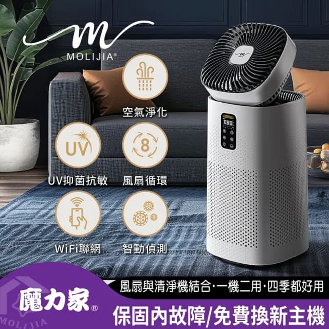 【MOLIJIA 魔力家】超值組-M196 智動UV抗菌抗敏風扇循環空氣清淨機(BY010096)