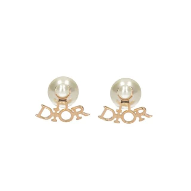 【Dior 迪奧】Tribales D.I.O.R. 字母 金色飾面金屬 白色樹脂珍珠 耳環 E4124WOMRS_D301