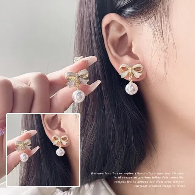【法式耳飾】滴油蝴蝶結珍珠耳環1對(鑲鑽 水鑽 耳墜 飾品 耳針 耳釘 首飾 垂墜耳環 情人節 送禮物)