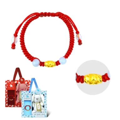 【金緻品】黃金兒禮 玉盈祈願 紅繩手鍊 0.14錢(寶寶金飾 彌月禮盒 平安玉 桶珠 金玉滿堂 新生兒)