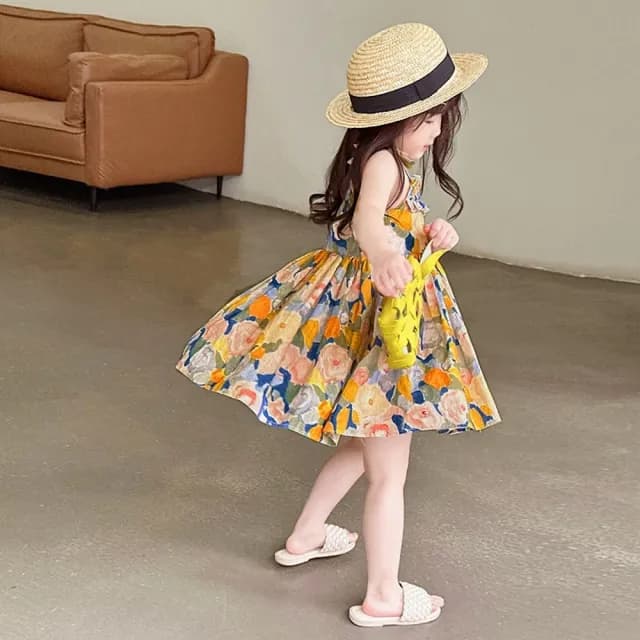 【橘魔法】油畫風碎花吊帶洋裝(吊帶裙 連身裙 裙子 女童 兒童 童裝)