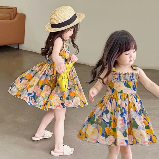 【橘魔法】油畫風碎花吊帶洋裝(吊帶裙 連身裙 裙子 女童 兒童 童裝)