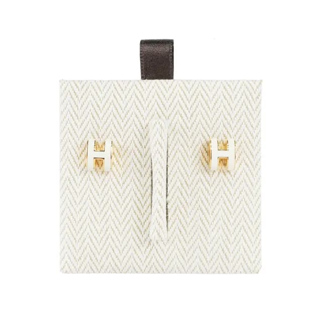 【Hermes 愛馬仕】Mini Pop H立體簍空橢圓LOGO耳環(白色/金色)