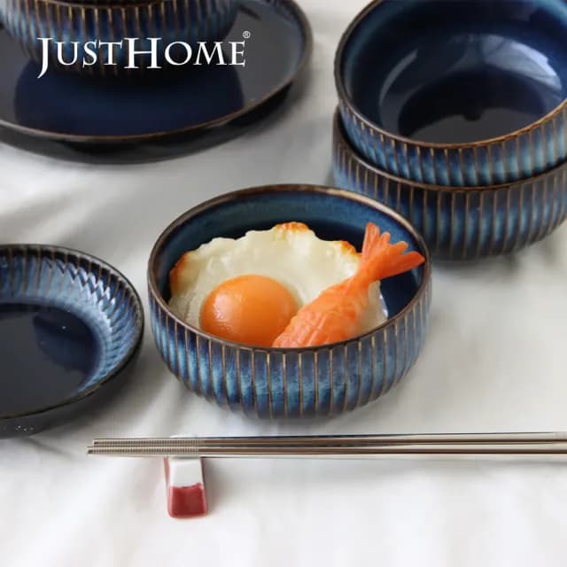 【Just Home】藏藍陶瓷8件碗盤餐具組-2款可選(可微波 碗 飯碗 湯碗 麵碗 湯匙)