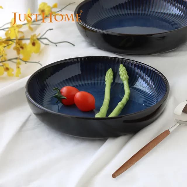 【Just Home】藏藍陶瓷8件碗盤餐具組-2款可選(可微波 碗 飯碗 湯碗 麵碗 湯匙)