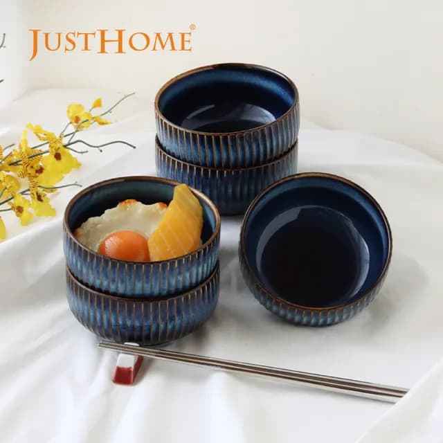 【Just Home】藏藍陶瓷碗盤餐具5件組-2款可選(可微波 碗 飯碗 湯碗 麵碗 湯匙)