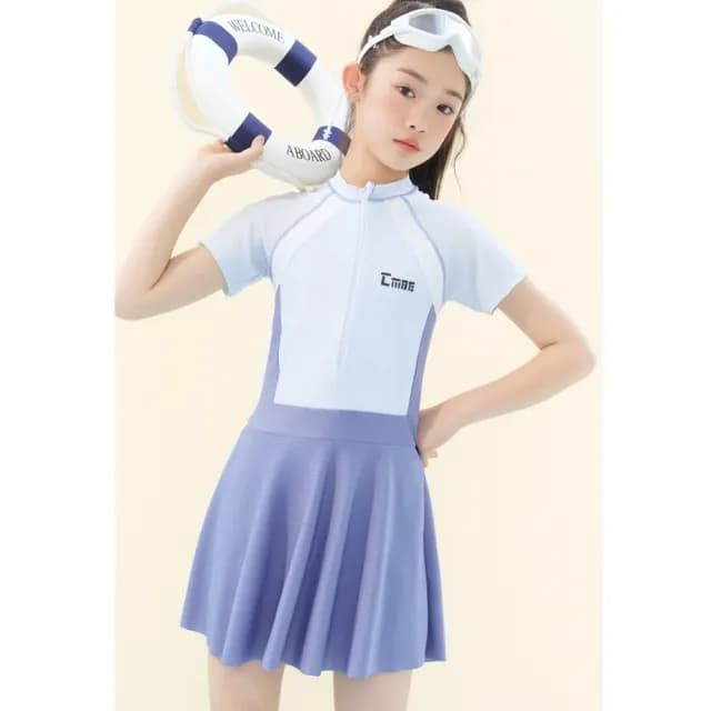 【橘魔法】大童 淺彩側腰拼接連身泳衣(內有安全褲 泳裝 青少女 游泳課 學生 快乾 速乾 兒童 童裝 女童)