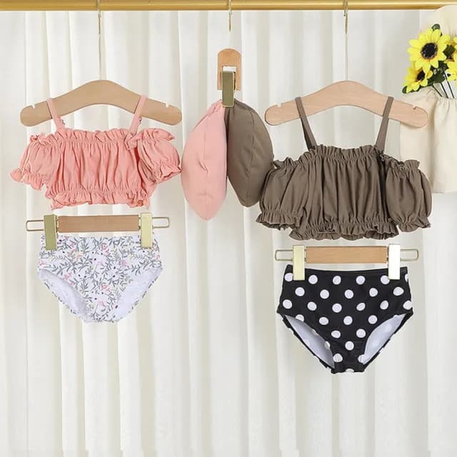 【橘魔法】甜美花邊泡泡袖吊帶泳衣+三角泳褲(附泳帽 3件式 比基尼 分體泳衣 女童 兒童 童裝)