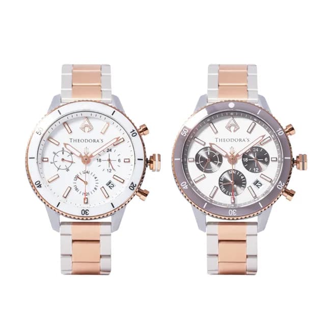 【THEODORA’S 希奧朵拉】(小錶面)-水行俠夜光潛水手錶 -雙色鋼鍊錶帶(潛水錶 真三眼計時 陶瓷圈)