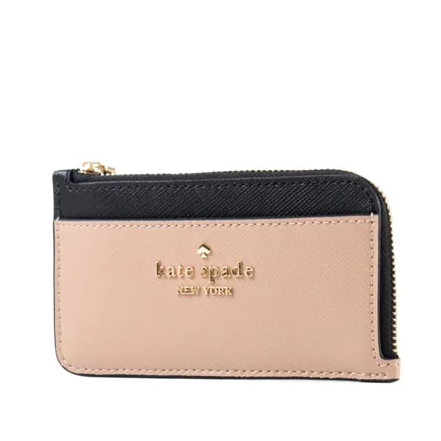 【KATE SPADE】拚色防刮十字紋證件零錢包-黑/奶茶色