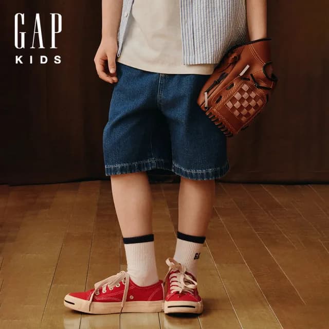 【GAP】男童裝 純棉小熊刺繡鬆緊牛仔短褲 布萊納系列-深色水洗(761440)