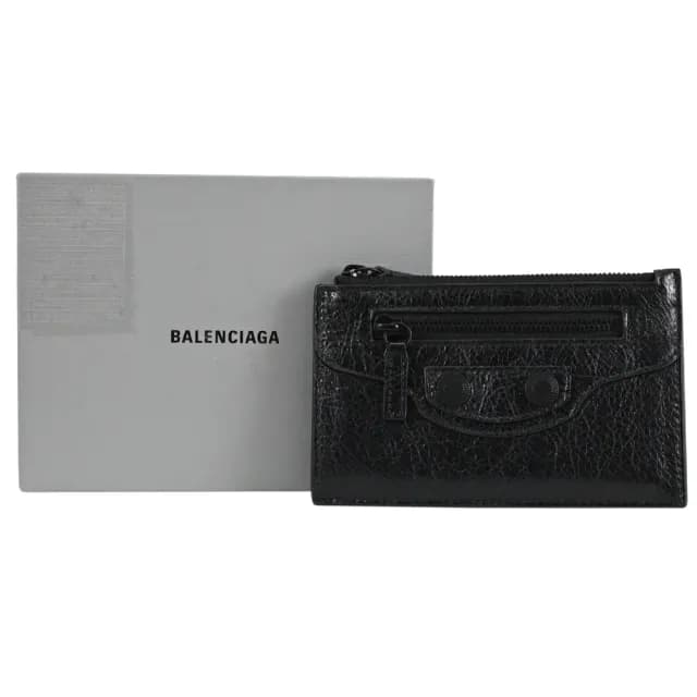 【Balenciaga 巴黎世家】Le Cagole 經典鉚釘揉製小羊皮信用卡證件名片零錢包(黑)