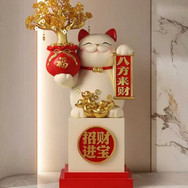 【巨匠】發財樹招財貓落地擺件 47x35x79cm招財貓 客廳擺件 前臺裝飾品 喬遷新居禮品 開業禮物(落地擺件)