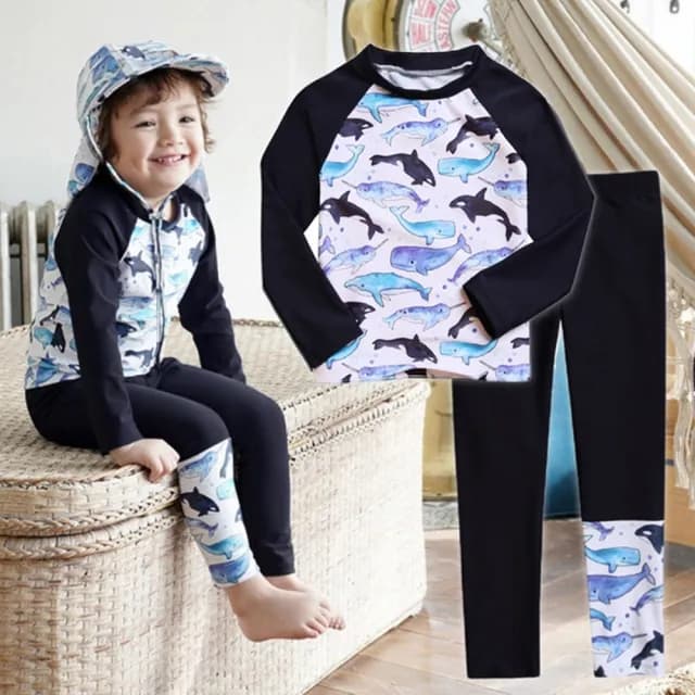 【橘魔法】鯨魚滿印插肩長袖泳裝(套裝 3件式 水母褲 水母衣 防曬泳衣 海邊 玩水 男童 兒童 大童 童裝)