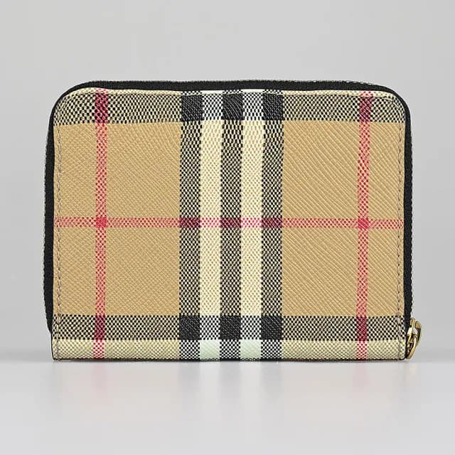 【BURBERRY 巴寶莉】BURBERRY 內壓印LOGO格紋PVC內襯牛皮5卡拉鍊零錢包(典藏米)