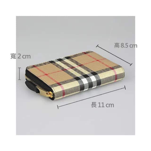 【BURBERRY 巴寶莉】BURBERRY 內壓印LOGO格紋PVC內襯牛皮5卡拉鍊零錢包(典藏米)