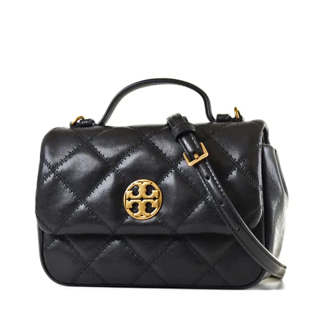 【TORY BURCH】WILLA 金色LOGO菱格紋手提/斜背二用包-黑色/迷你
